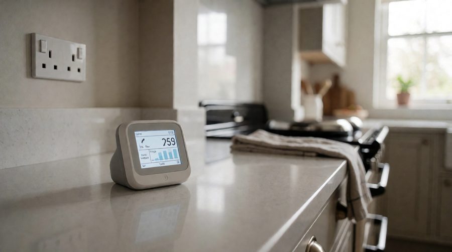 A smart meter display shows the cooker's real draw, which is lower than the badge rating suggests
